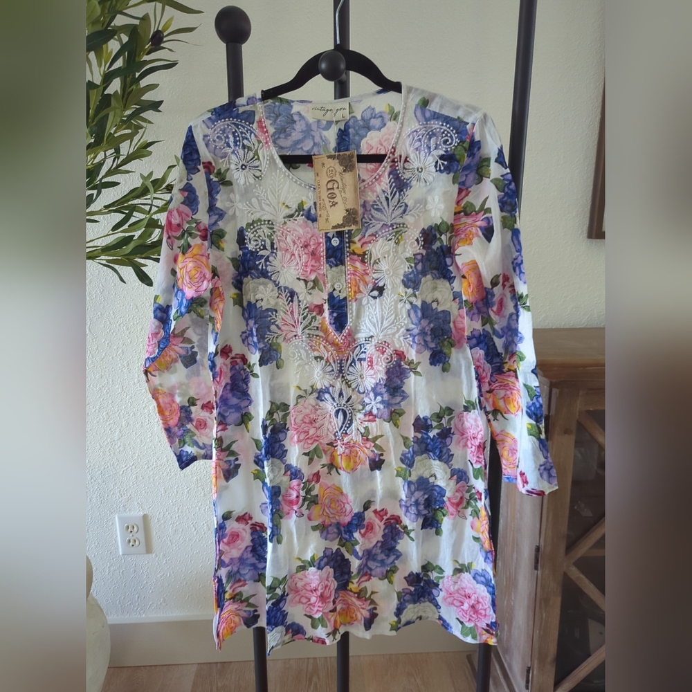 Vintage GOA Sheer Cotton Blouse Floral Embroidery  Boho Indie Resort Wear L